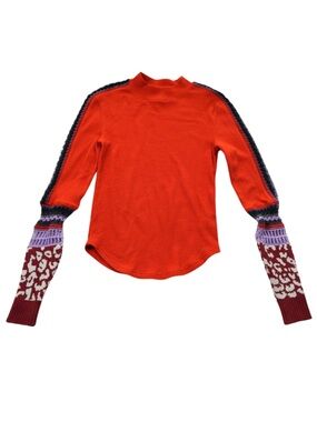Free People Thermal Top Small Red Embroidered Sleeve Boho Statement